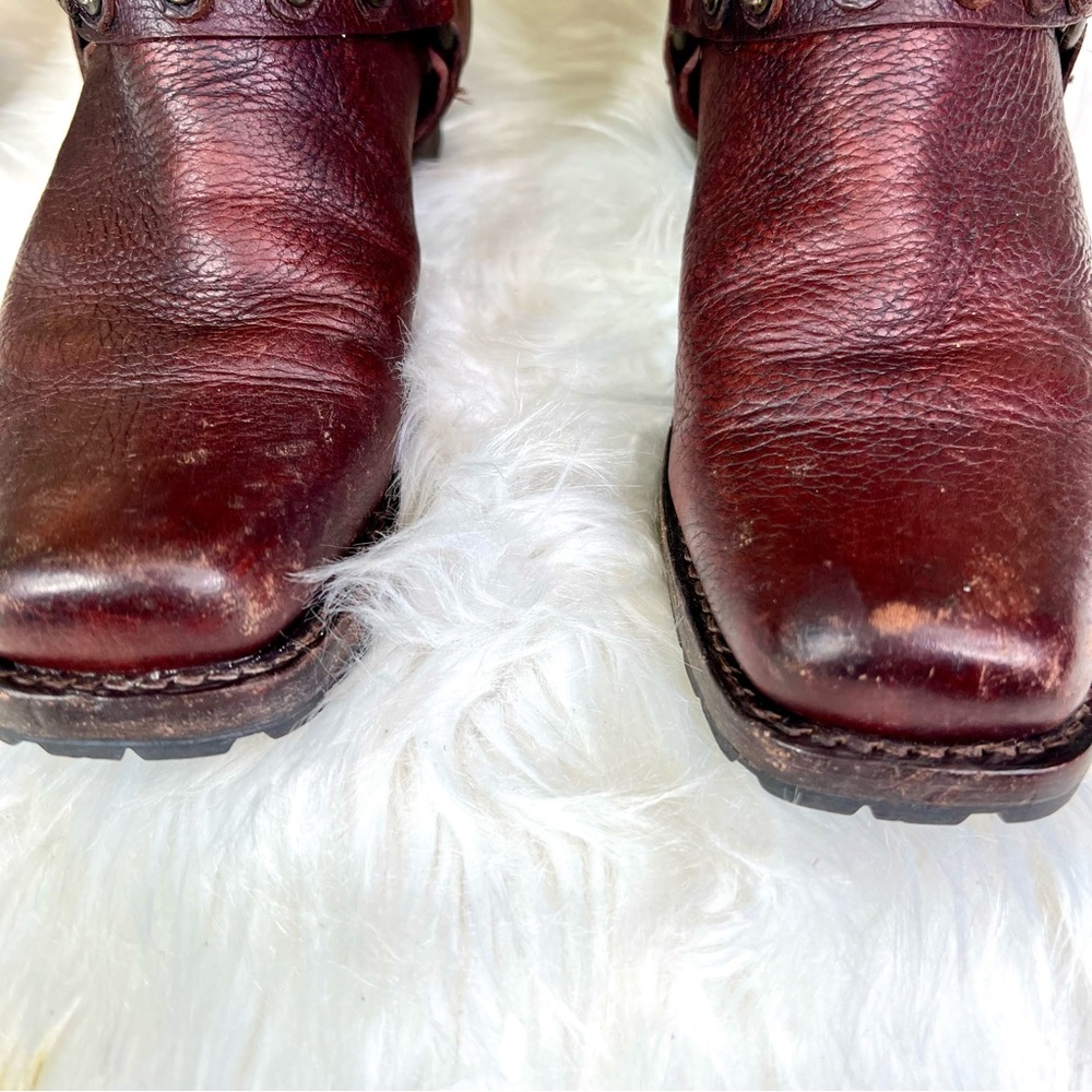 FRYE Heath Disc Harness Distressed Cognac Leather Boots, Beautiful Patina, 6B - Picture 7 of 16